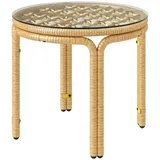Polyrattan Beistelltisch Ø50 Cm Gelb, Runder Gartentisch Mit Glasplatte, Balkontisch Terrassentisch Outdoor Tisch 50x50x44 Cm