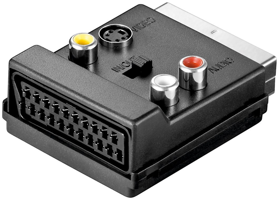 Goobay Scart zu Composite Video und S-Video Adapter, IN/OUT, mit Scart-Durchleitung - Scart-Stecker (21-Pin) > Scartbuchse (21-Pin) + 3x Cinch-Buchse > Mini-DIN 4-Buchse (S-Video)