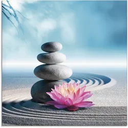 Glasbild ARTLAND "Sand, Lilie und Spa-Steine in Zen-Garten", blau (farbe bild(er): blau), B:20cm H:20cm, Bilder, in verschiedenen Größen