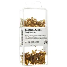 Wedo 11259199 Bastelklammern Sortiment, 240 Stück, Flachkopf und Rundkopf, 3 verschiedene Größen in praktischer Box, vermessingt