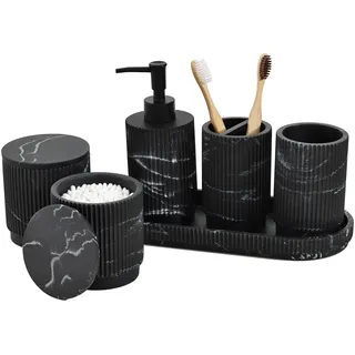 Sapisecret Badezimmer Set 6-TLG | Seifenspender + Zahnputzbecher mit Tablett & Wattestäbchenbox | Design Streifenmuster | Hochwertiges Polyharz | Schwarz Marmor Optik | Bruchsicher & Wasserdicht