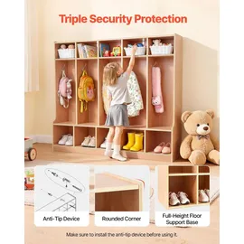 Vevor Offener Kinderkleiderschrank aus Holz, Kindergarderobe mit 10 Haken & 15 Fächern (5 Groß + 10 Klein), Garderobenregal & Aufbewahrungsregal für Kinderzimmer Zuhause Kindergarten Kita