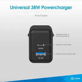 Xlayer 219853 - USB-Ladegerät QC 30 38 W, USB-C/A, Schwarz