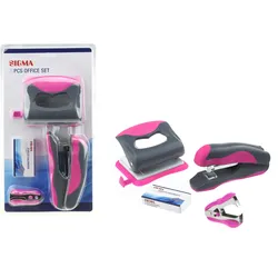 SIGMA Locher-Tacker Set SPS01, Metall, pink/grau, 2-fach, 16 Blatt, 4-teilig