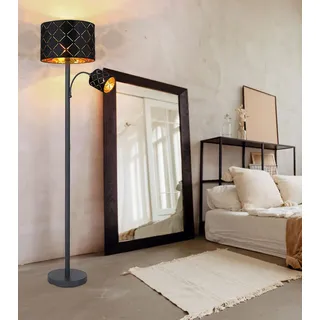 GLOBO Stehleuchte mit Leselampe Stehlampe Wohnzimmer Stehleuchte Leseleuchte Deckenfluter Schwarz Gold, Leselampe flexibel Dekorstanzungen, 1x E27 1x E14, DxH 35 x 162 cm