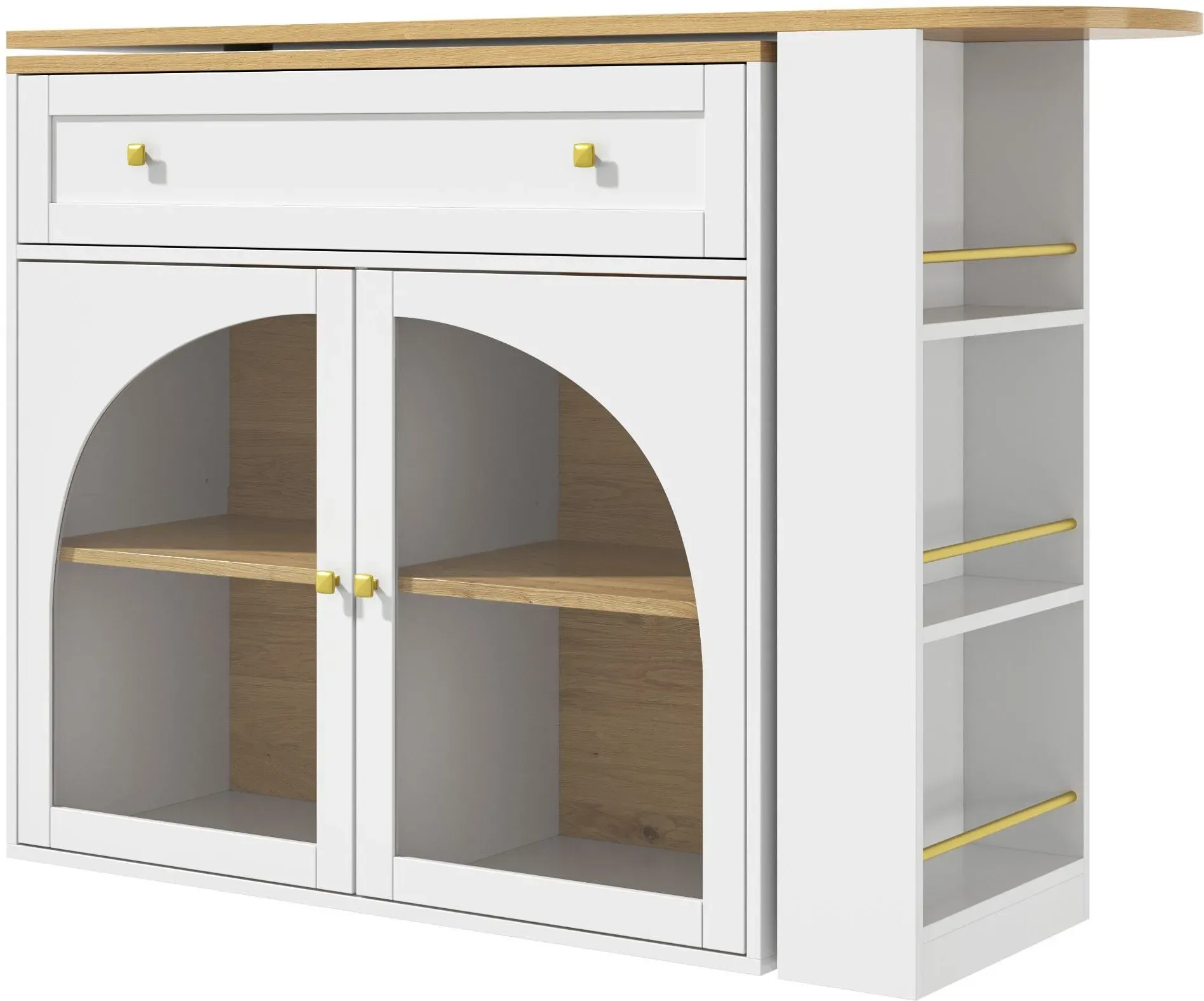 Ausziehbarer Bartisch mit Stauraum, 360° drehbare Essbar mit dreistufigem Seitenregal und Sicherheitsglas-Türen, 138-204x39x104 cm, Weiß