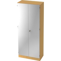 bümö office Kleiderschrank Holz abschließbar mit Spiegel, Büroschrank 80 cm breit in Buche/Silber - Flur Schrank als Garderobe für Jacken, Taschen &