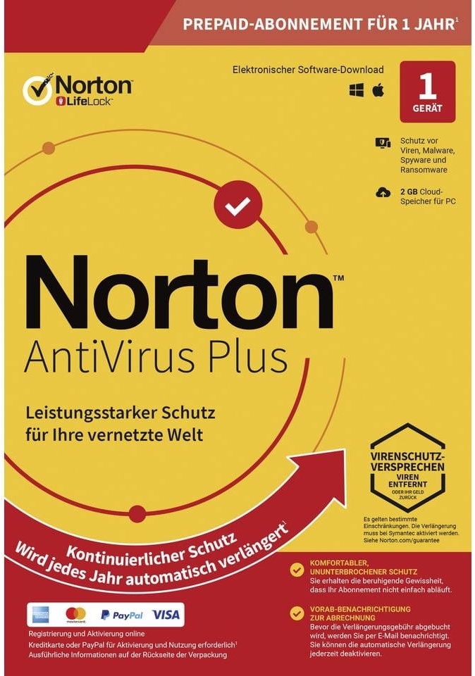 Symantec Norton Antivirus Plus, 2 GB di backup cloud, 1 utente 1 dispositivo, 12 MO di licenza annuale, download