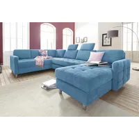 Wohnlandschaft SIT & MORE "Pablo U-Form" Sofas Gr. B/H/T: 292cm x 80cm x 87cm, Luxus-Microfaser, Recamiere rechts, ohne Funktion, blau (hellblau) wahlweise mit Bettfunktion und Bettkasten