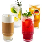 H E L P Y® Glass [4er Set] - Ästhetische Eiskaffee Gläser - Stapelbar & Spülmaschinenfest - Geriffelte Gläser für Latte Macchiato, Cocktail, Wasser, Iced Coffee, Saft, Frappe (250ml)