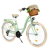 MILORD Damenfahrrad Citybike Komfort Mit Weidenkorb Hollandrad Vintage Fahrrad, 26, 28 Zoll, 21-Gang (Grün-Creme, 26 Zoll)