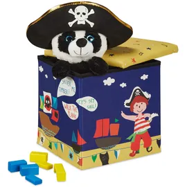 Relaxdays Sitzhocker Kinder, Piraten-design, Sitzbox faltbar, mit Stauraum, Sitzwürfel, Hxbxt 31 x 31 x 31 cm, blau-gelb