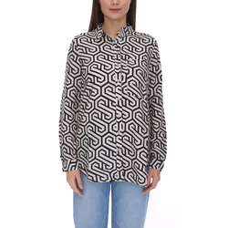 Tamaris Damen Sommer-Bluse Langarm-Bluse im graphischen-Design Hemd-Bluse 63037820 Beige/Schwarz - 36