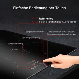 Bomann Bomann® Autarkes Induktionskochfeld mit 4 Kochfelder | Kochfeld Autark m. Touch & Topferkennung | Boosterfunktion | Kochplatte 9 Stufen | Induktionskochplatte 7400W & Kochstoppautomatik | EBK 7942