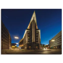 Leinwandbild ARTLAND "Hamburg Chilehaus", blau (farbe bild(er): blau), B:120cm H:90cm, Canvas, Leinwand, Bilder, auf Keilrahmen gespannt