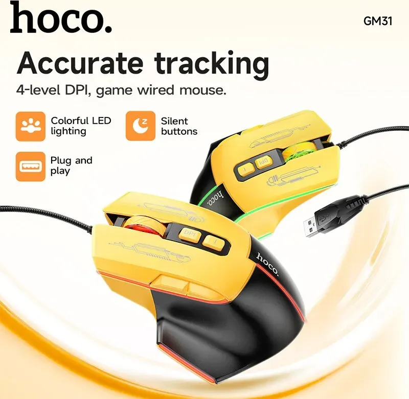 HOCO Kabelgebundene leuchtende Gaming-Maus – Ergonomisches Design – Schwarz/Yellow