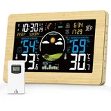 VIFLYKOO Wetterstation Funk mit Außensensor, Thermometer und Hygrometer für Innen und Außen mit Wettervorhersage, Funkwetterstation mit DCF-Signal, VA-Display, Batteriebetrieb, Holzfarbe