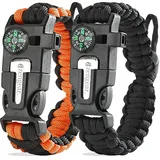 aZengear Paracord Überlebensarmband | Feueranzünder aus Feuerstein und Stahl, Pfeife und Kompass | verstellbare Bandgröße für Camping, Bushcraft und Notfallausrüstung (Schwarz und Orange, Paar)