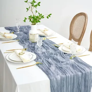 Tischläufer Staubiges Blau, 90 x 400 cm Gaze-Tischläufer, Lang Romantisch Halbdurchsichtiger Stoff, Tischdecke Altblau, Käsetuch Tischläufer für Babyparty, Geburtstagsparty, Hochzeit Tischdeko