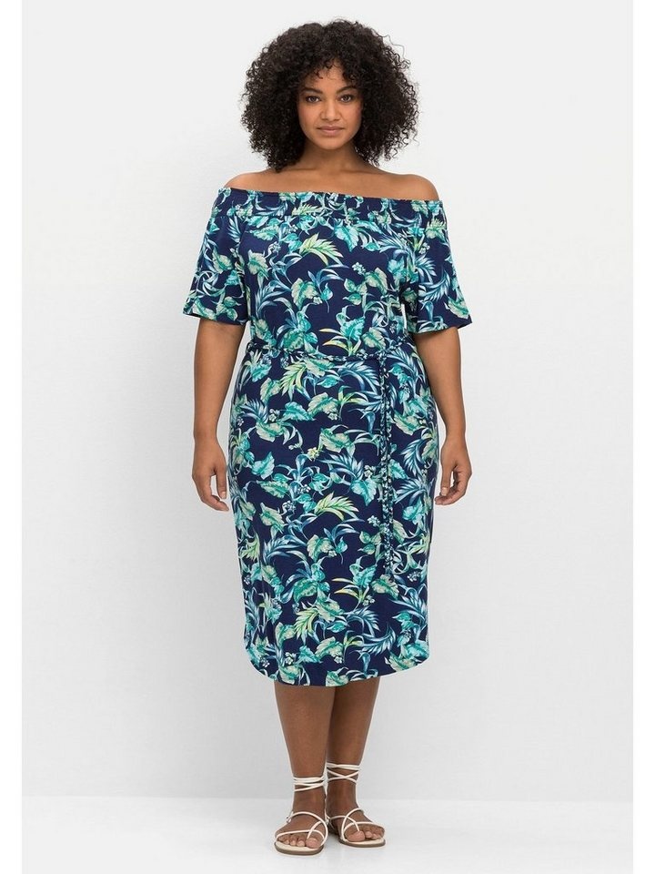 Sheego Strandkleid Große Größen mit Blätterprint und Carmenausschnitt blau 48