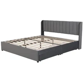 Flieks Polsterbett 180x200cm Doppelbett mit Lattenrost und 2 Schubladen, Stauraumbett Holzbett Funktionsbett Samt, ohne Matratze, Grau - Grau