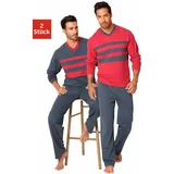 LE JOGGER Pyjama LE JOGGER "Schlafanzug für Herren", Herren, Gr. 48/50 (M), bunt (rot, grau), Jersey, Obermaterial: 100% Baumwolle, unifarben mit Farbeinsätzen, Basic, Basic lang, V-Ausschnitt, Langarm abgesteppte Kante, Homewear-Sets, aus 100% Baumwolle