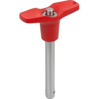 KUGELSPERRBOLZEN MIT T-GRIFF, D1=12, L=50, L1=9,9, L5=59,9, EDELSTAHL, KOMP:THERMOPLAST ROT RAL3020