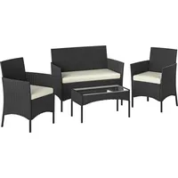 Outsunny Garten-Set aus Polyrattan mit Kissen – Wetterfestes Terrassenmöbel mit 2 Sesseln, 2‐Sitzer-Sofa und Glastisch, Schwarz/Creme   Aosom