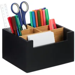 Relaxdays Schreibtisch Organizer, Bambus, 5 Fächer, für Bürobedarf & Kosmetik, Stiftebox, HBT: 9,5 x 18 x 15 cm, schwarz