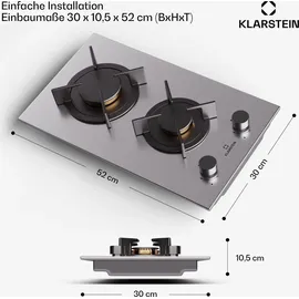 Klarstein Gaskocher 2 Flammig, Einbau-Gaskocher für Innenbereich & Wohnmobil, 4200W Edelstahl-Gaskocher, 2 Flammen Gaskocher, Gasherde mit