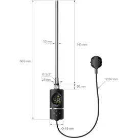 luxebath Heizstab 900W Schwarz mit Thermostat und Digitalanzeige