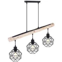Hängeleuchte, Balken Natur, Gitter schwarz, L 76 cm