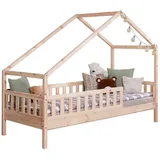 TICAA TiCAA Hausbett Bodenbett wandelbar mit asymmetrischem Dach "Lou" 90/100/120/140x200 cm für Jungen & Mädchen, inkl. Rolllattenrost & Rausfallschutz, Montessori Bett aus Kiefer Massivholz