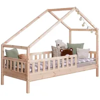 TICAA TiCAA Hausbett Bodenbett wandelbar mit asymmetrischem Dach "Lou" 90/100/120/140x200 cm für Jungen & Mädchen, inkl. Rolllattenrost & Rausfallschutz, Montessori Bett aus Kiefer Massivholz