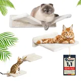 Meoville® Katzen Kletterwand Set XXL 4-Teilig [Massivholz - Extra Stabil] Katzenhängematte, Katzenliege, 2X Katzentreppe | Katzen Wandelemente | Wandkratzbaum | Katzen Kletterwand | Katzenwand beige