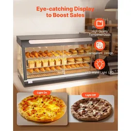 Vevor 3-stöckige Wärmetheke 180 L, Warmhaltevitrine 1600 W, Warmhaltetheke 30–85 °C, Speisenwärmer mit LED-Beleuchtung & Verstellbaren Ablagen, Speisevitrine für Hamburger Pizza Brot Brathähnchen
