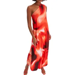 Damen One-Shoulder Sommer-Kleid mit welligen Mustern Maxi-Kleid 957152 Rot/Schwarz - 48/50
