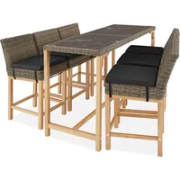 tectake® Rattan Bartisch mit Barhocker Set, Outdoor Balkon Möbel, Gartenmöbel Set mit Stehtisch und 6X Barstuhl mit Lehne, Theke in Marmor Optik, für Garten, Terrasse, Balkon - grau