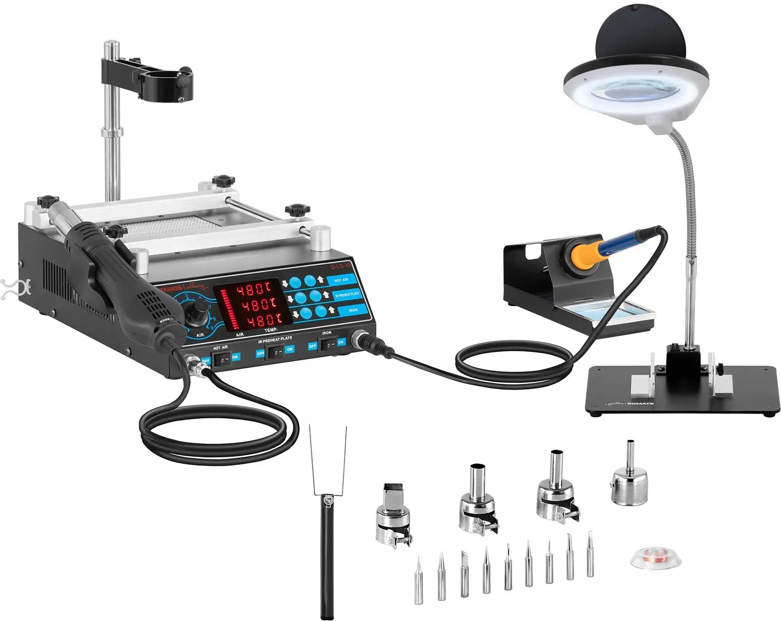 Stamos Soldering Set Lötstation mit Vorwärmplatte und 2 Halterungen + Zubehör S-LS-10