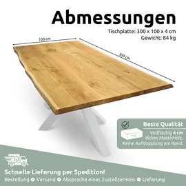 holz4home Tischplatte mit Baumkante aus Massiver Eiche 300 x 100 cm