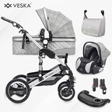 veska VESKA® 3 in 1 Kombi-Kinderwagen Buggy, Reisebuggy inkl. Babyschale, Jogger Faltbar - Silber - grau/kariert