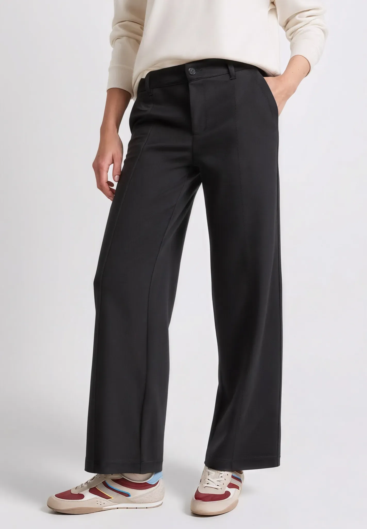 Culotte STREET ONE STUDIO, Damen, Gr. 44, Länge 30, schwarz, Stoff, 67% Viskose, 26% Polyester, 7% Elasthan, unifarben, comfort fit lang, Hosen Culotte, mit Wide Legs