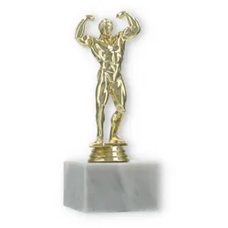 Pokal Kunststofffigur Bodybuilder gold auf weißem Marmorsockel 16,9cm