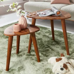 Kadima Design Rustikales Sheesham Holz Beistelltisch Set, 2 Stück, Landhausstil, stabil. 60x60x54 cm