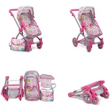 Moni Puppenwagen pink Rose 9651B, verstellbarer Schiebegriff, Sonnendach, Tasche