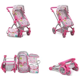 Moni Puppenwagen pink Rose 9651B, verstellbarer Schiebegriff, Sonnendach, Tasche