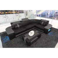 Sofa Dreams Ecksofa Bergamo L Form Mini Leder, Couch mit Eckelement, LED-Beleuchtung, 3 Kopfstützen, 4-Sitzer, USB grau|schwarz