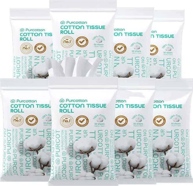 Purcotton 100 % Baumwoll-Feuchttücher Reisegröße 400 Tücher 50 Tücher × 8 Packungen, Tragbare Einzelpackungen, Sanft zur Haut, Umweltfreundlich und biologisch abbaubar