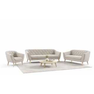 Sofello GLORIA Wohnzimmerset Samt Beige – 3-Sitzer + 2-Sitzer + Sessel | Skandinavisches Design | Rauten-Steppung | Holzfüße Couchgarnitur 321 - Beige
