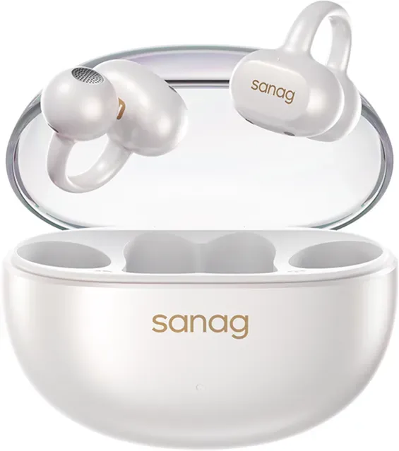 sanag S6S Nova Ohrclip-Kopfhörer, kabellos, Bluetooth, neues Knochenleitungskonzept, Over-Ear, Open-Back, Sport- und Laufkopfhörer, Geräuschunterdrückung, stilvolle KI-Funktionen, Weiß
